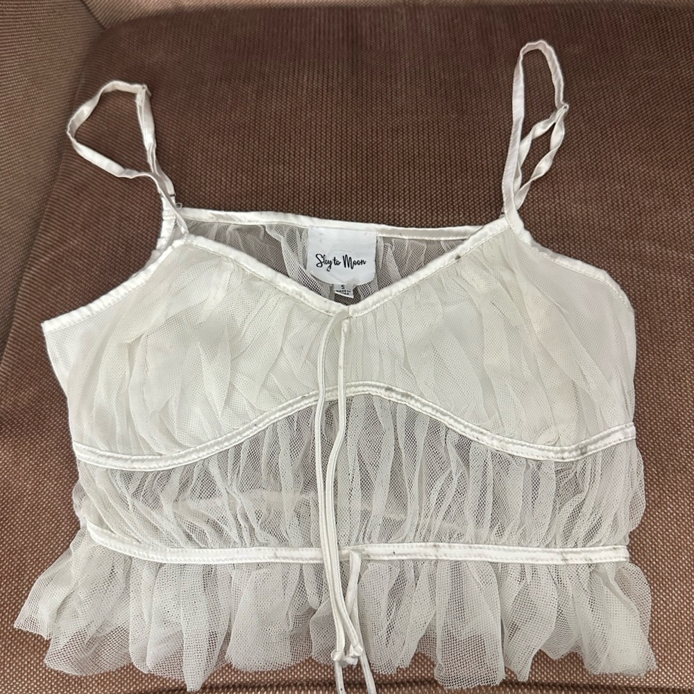 Style Moon White Sheer Ruffle Top